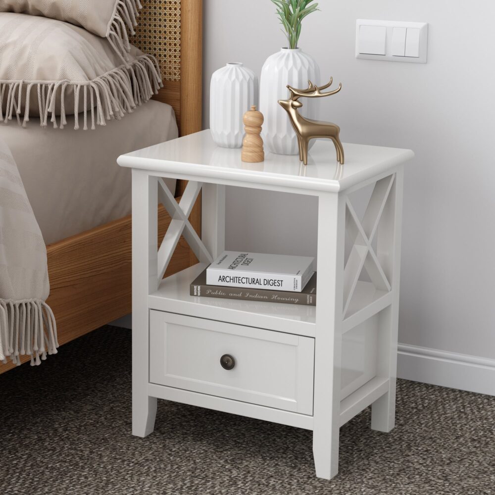 2-tier Bedside Tables - Rustic White - StripleB