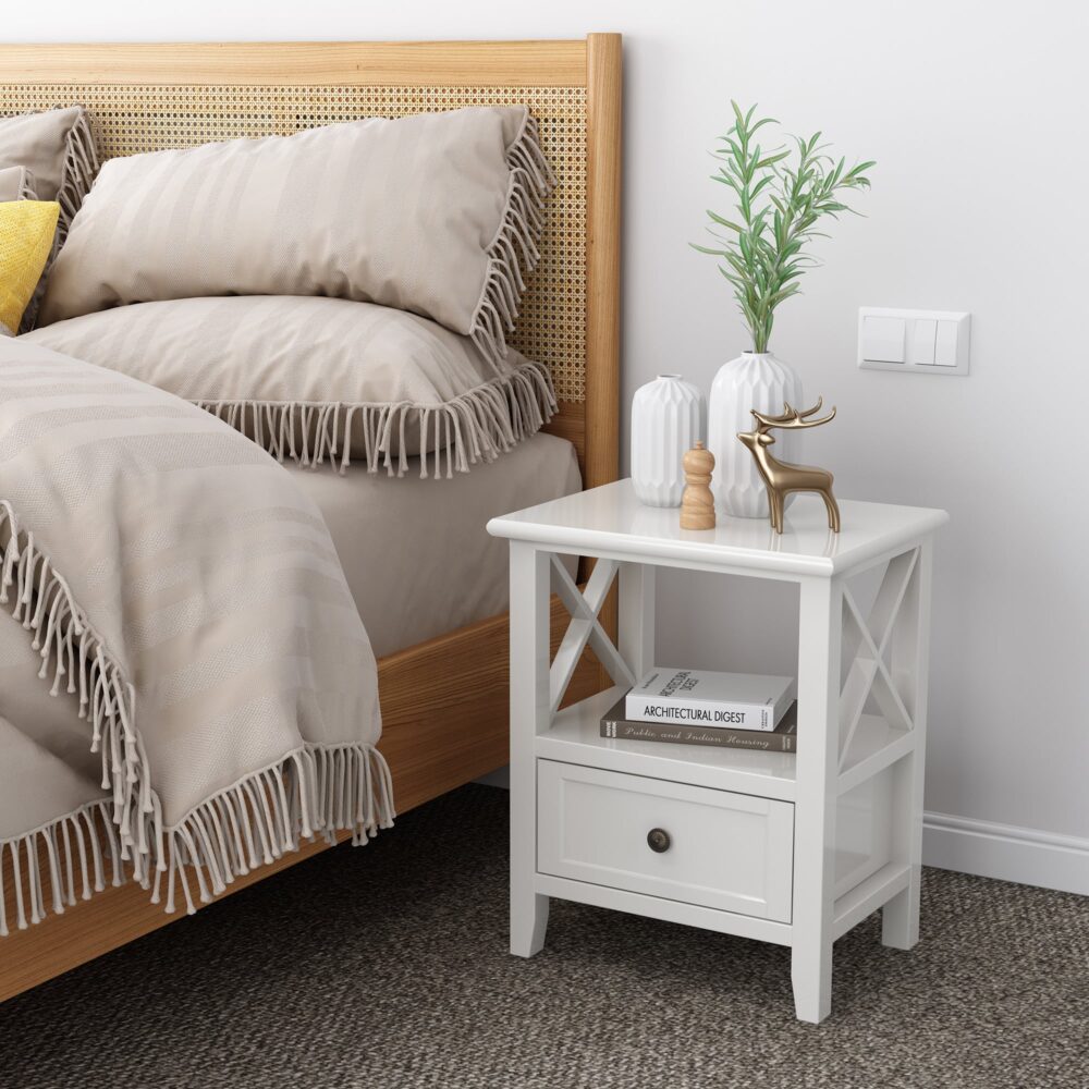 2-tier Bedside Tables - Rustic White - STripleB