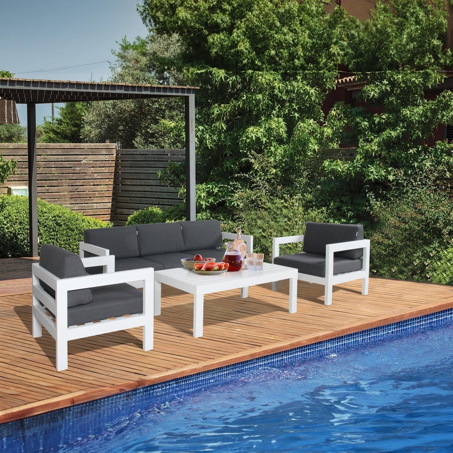 3pc Set 1+1+2-Seater Outdoor Sofa Lounge - Aluminium Frame White - STripleB 