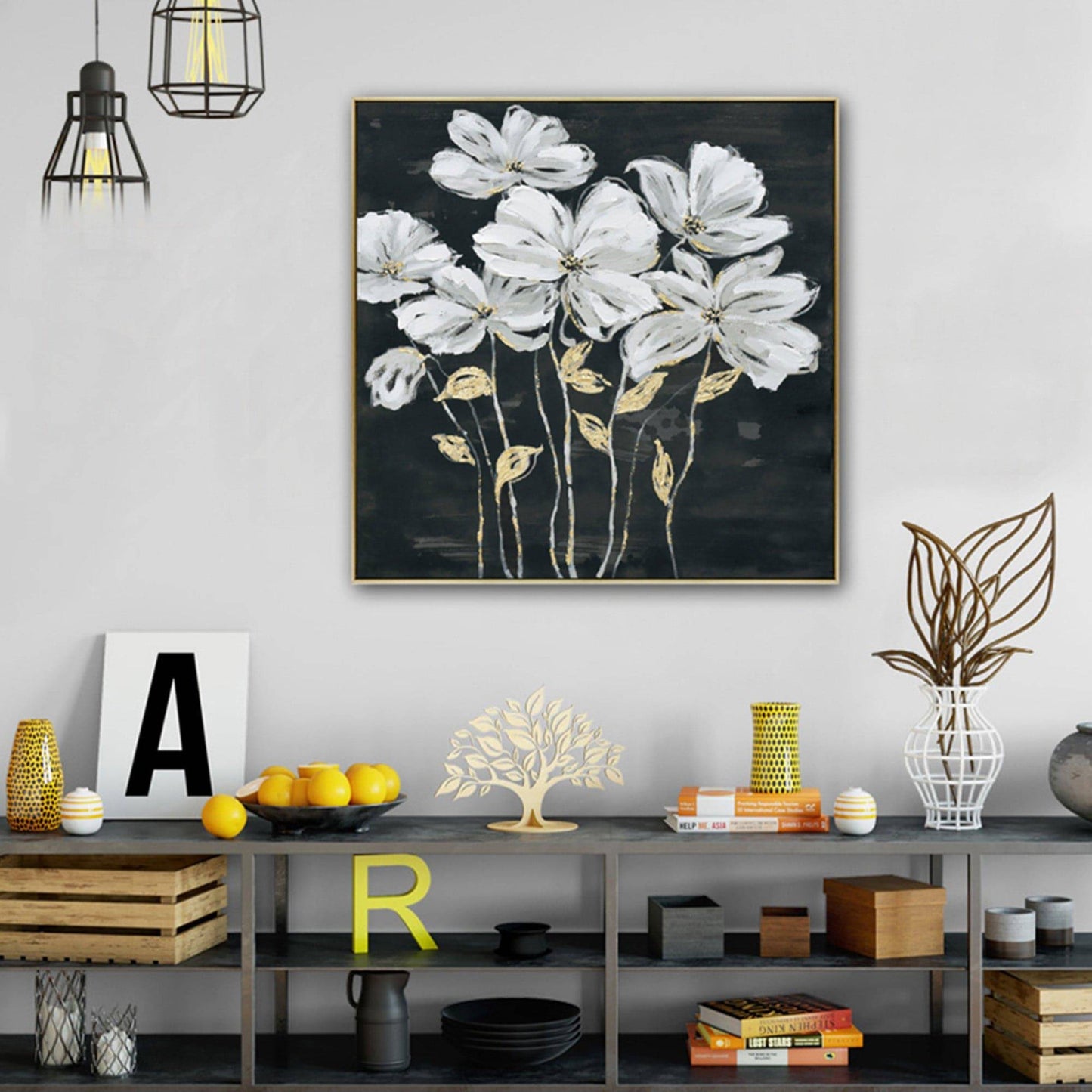 Golden Blossoms Hand Painted Canvas Wall Art - 80X80cm - STripleB 