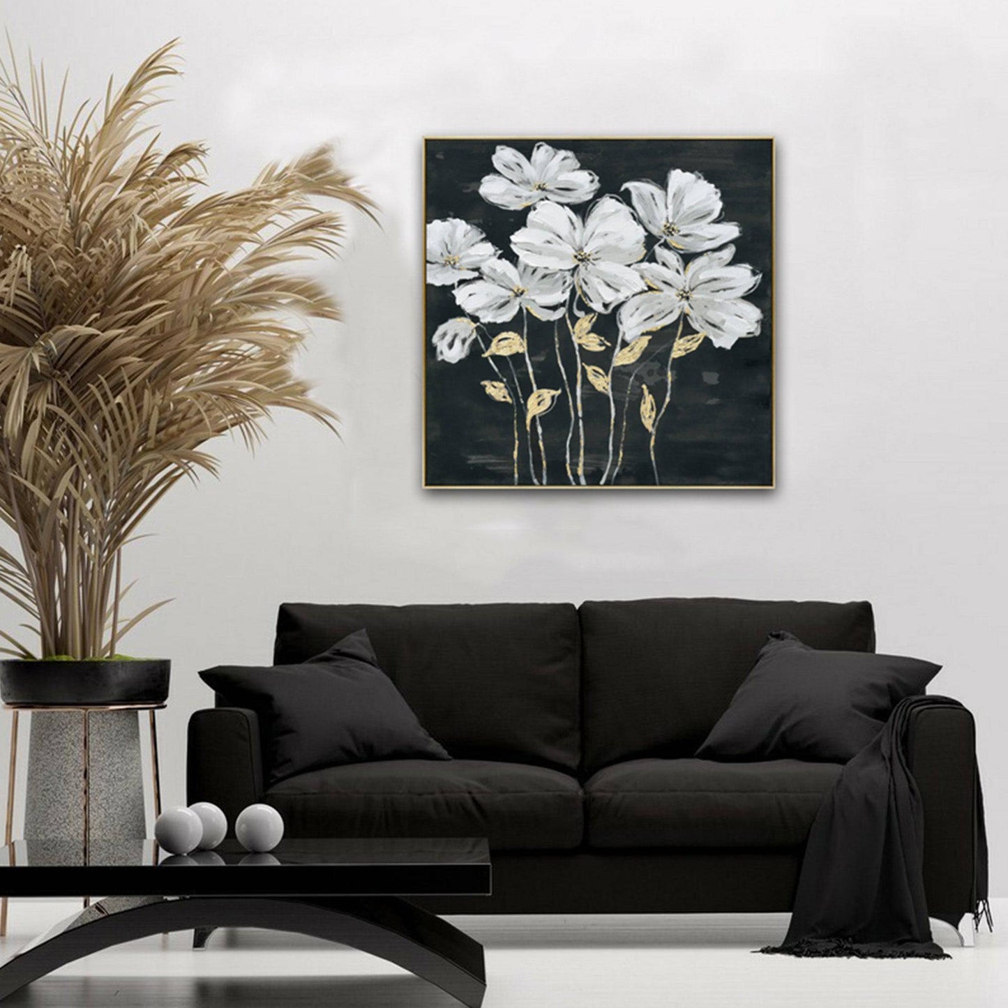 Golden Blossoms Hand Painted Canvas Wall Art - 80X80cm - STripleB 