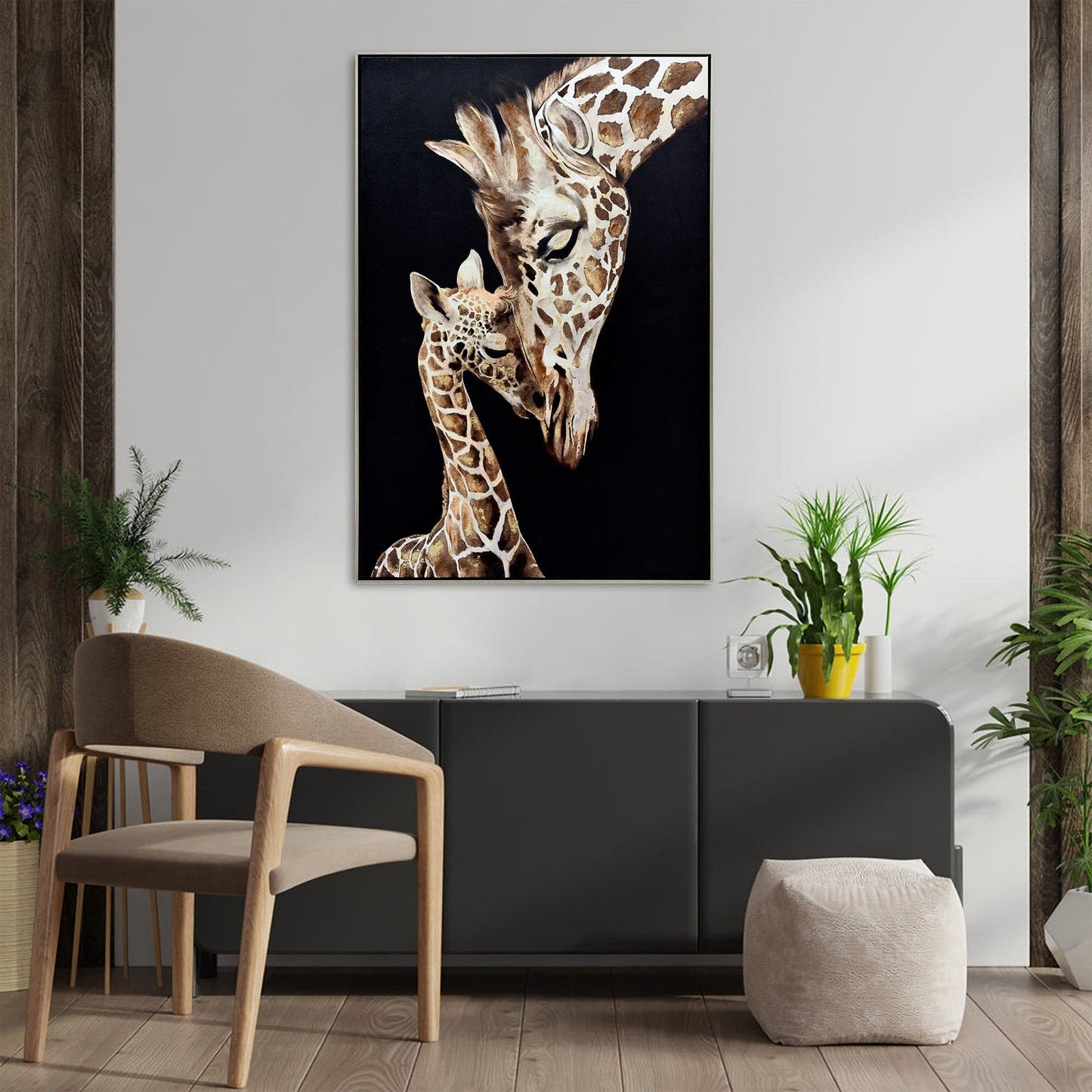 Giraffes Tender Touch Champagne Framed Canvas Wall Art - 80X120cm - STripleB 