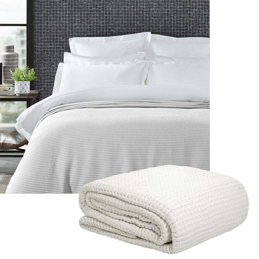 Living @ Home 350gsm 100% Cotton Breathable Waffle Blanket Queen 240 x 255 cm White - STripleB 