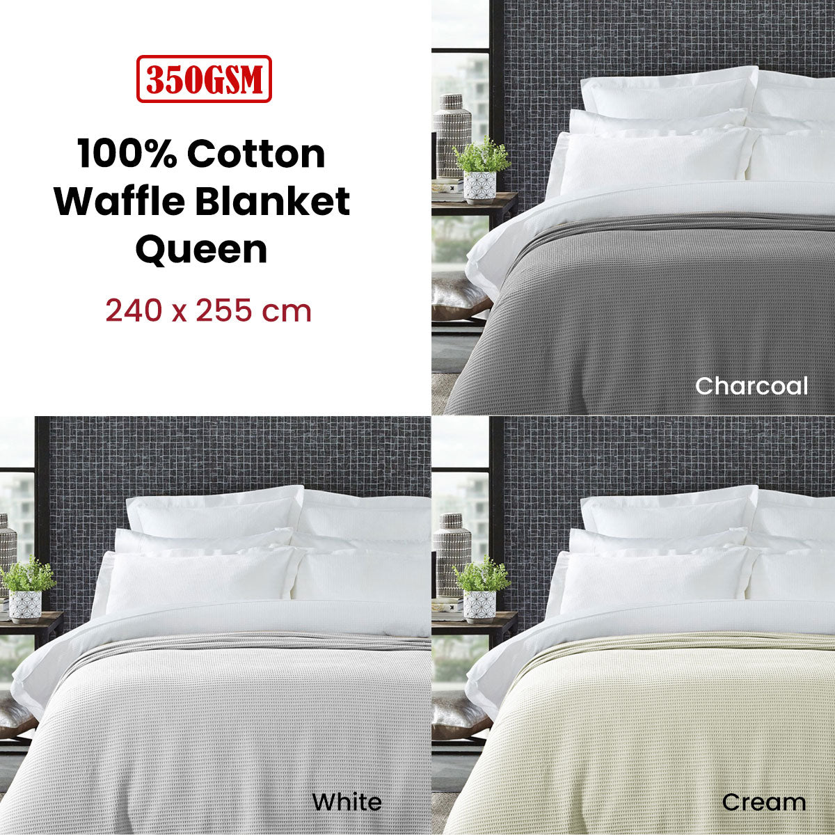Living @ Home 350gsm 100% Cotton Breathable Waffle Blanket Queen 240 x 255 cm White - STripleB 