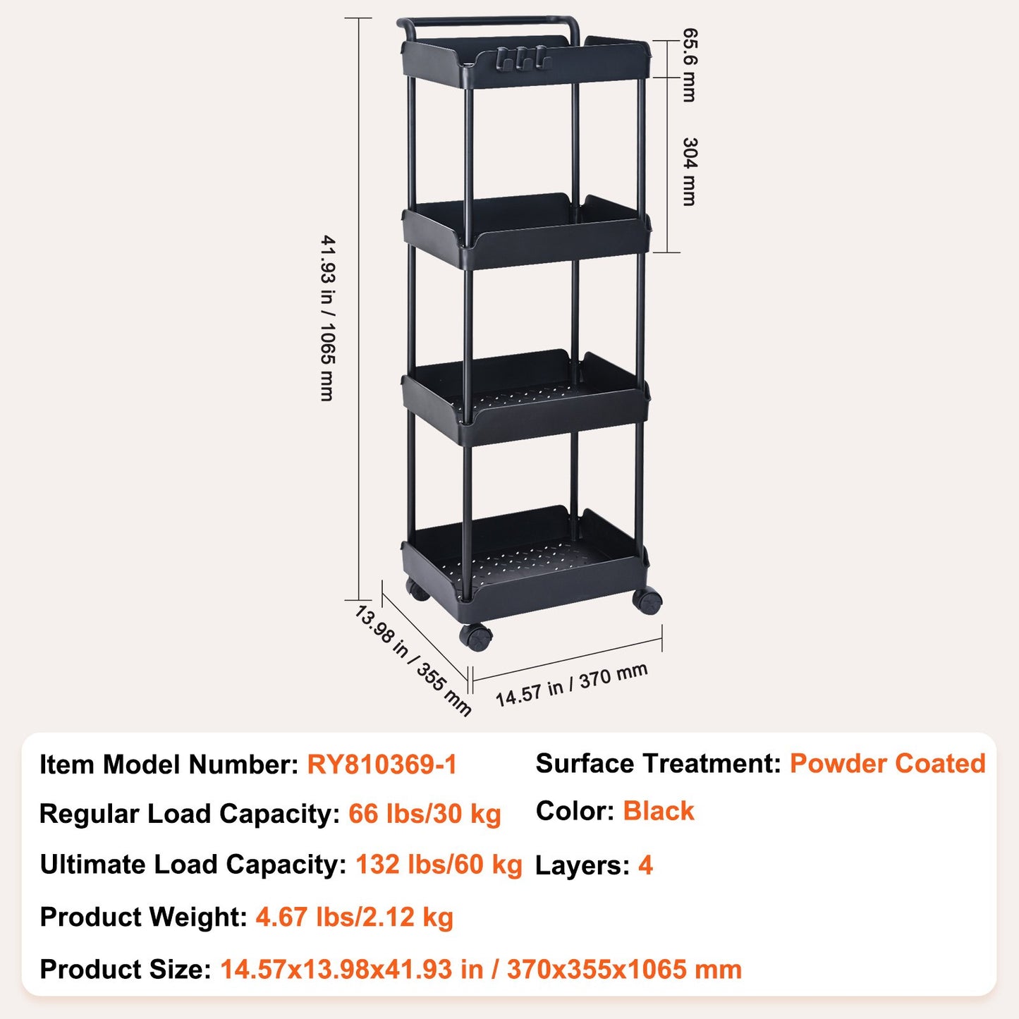 VEVOR 4-Tier Kitchen Rolling Cart Basket Utility Cart on Wheel with Handle Black - STripleB 