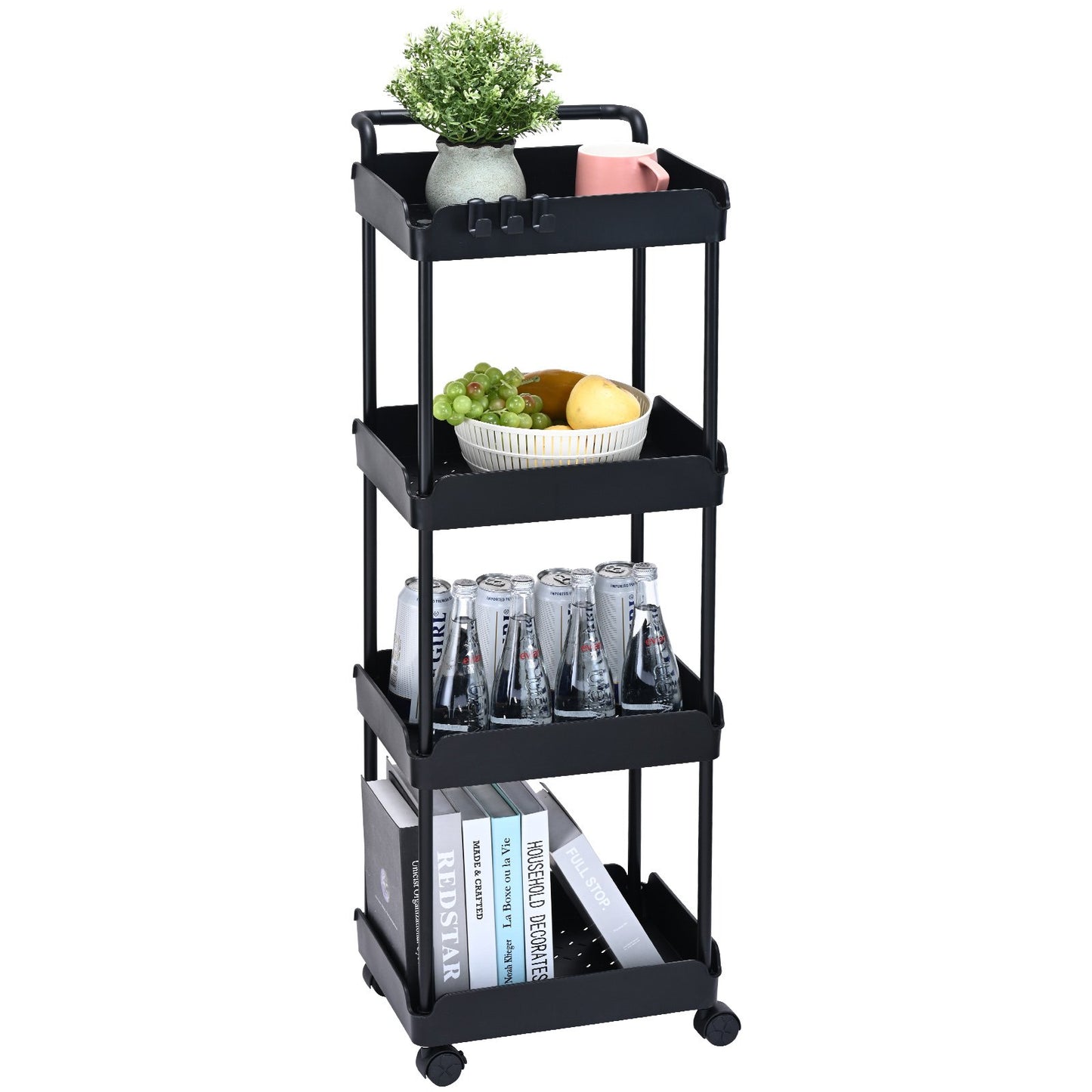 VEVOR 4-Tier Kitchen Rolling Cart Basket Utility Cart on Wheel with Handle Black - STripleB 