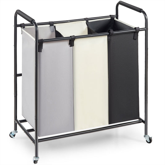 VEVOR 3-Section Laundry Basket, Heavy Duty Laundry Hamper Storage Organizer, Laundry Sorter Cart with Heavy Duty Lockable Wheels for Dirty Clothes in Laundry Room Bedroom - STripleB
