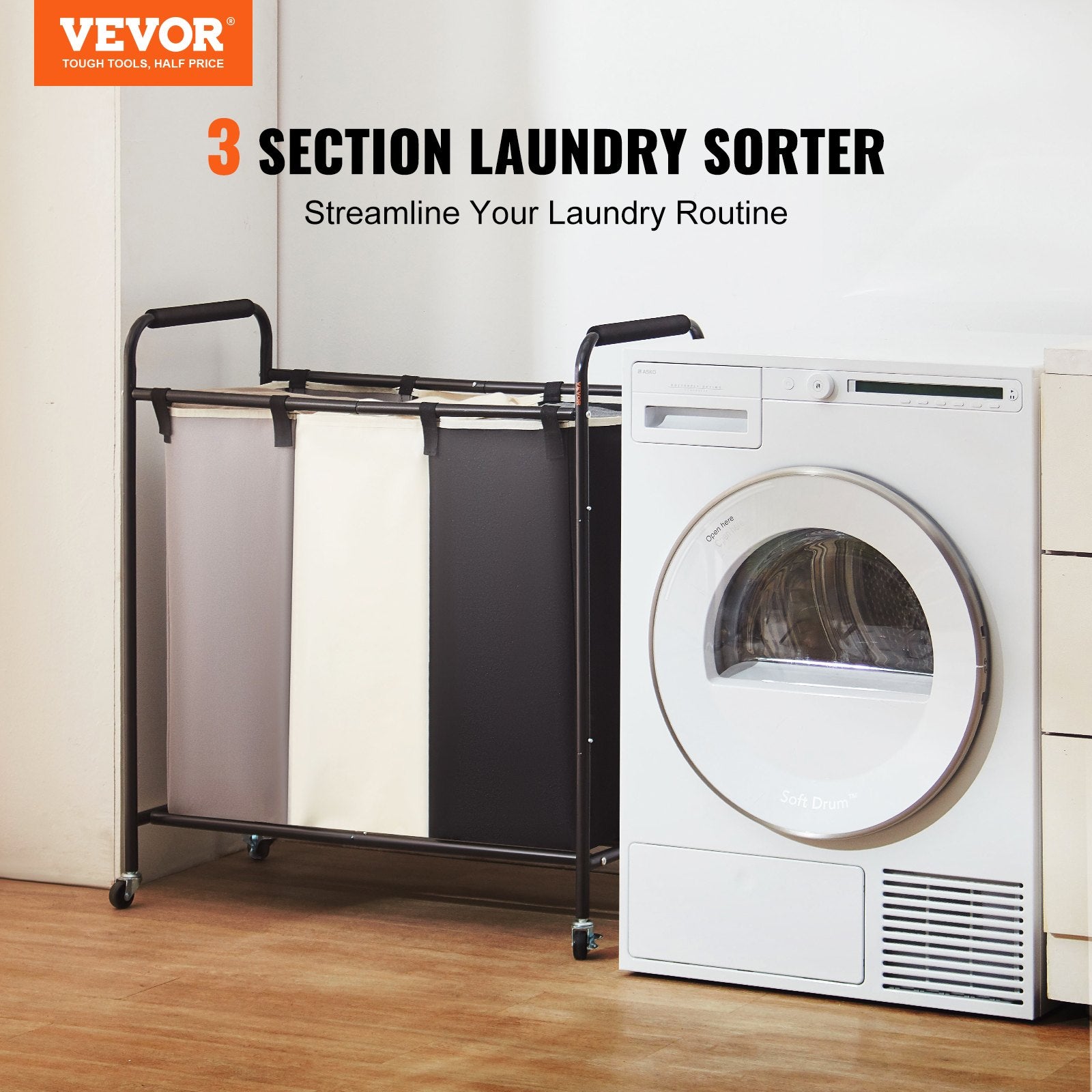 VEVOR 3-Section Laundry Basket, Heavy Duty Laundry Hamper Storage Organizer, Laundry Sorter Cart with Heavy Duty Lockable Wheels for Dirty Clothes in Laundry Room Bedroom - STripleB