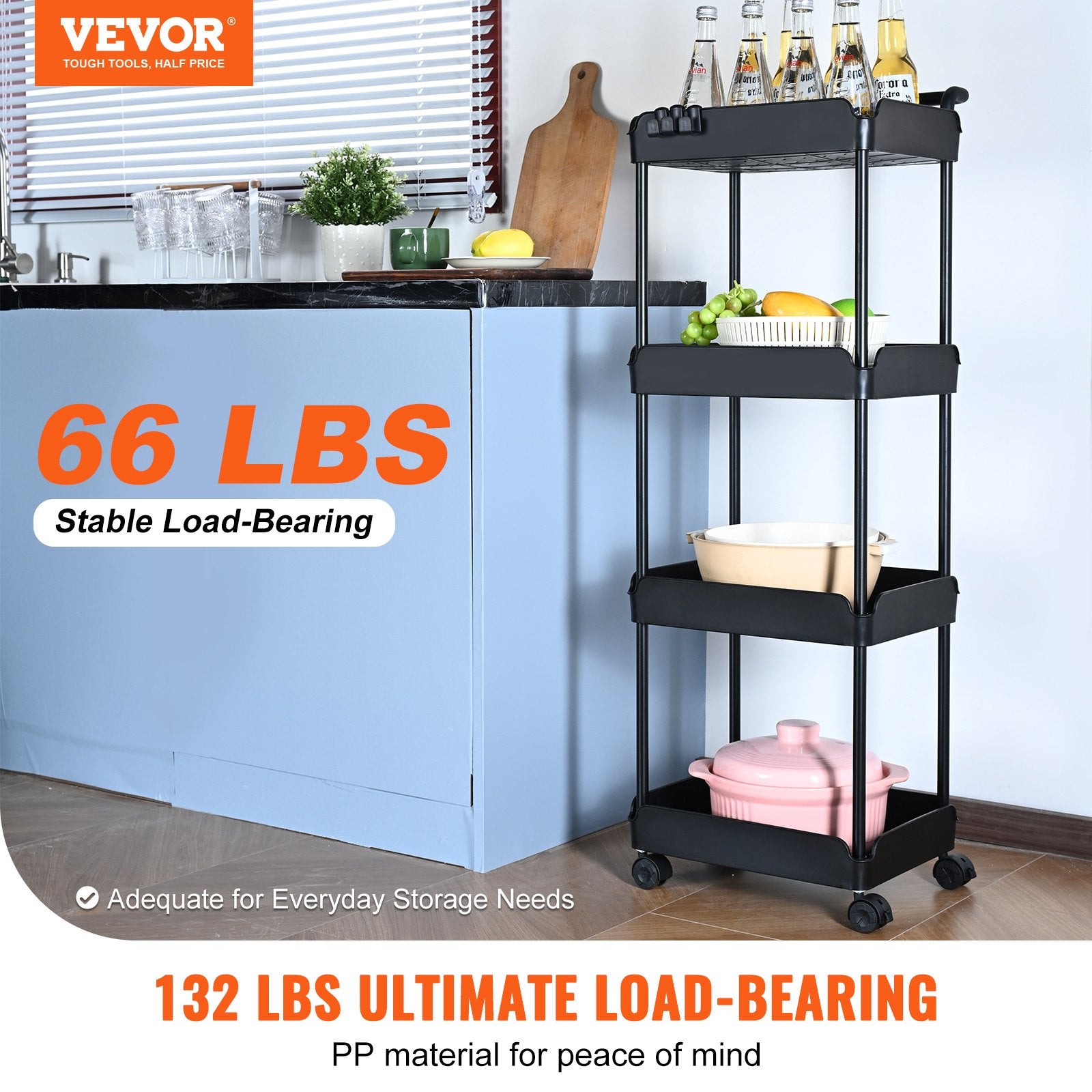VEVOR 4-Tier Kitchen Rolling Cart Basket Utility Cart on Wheel with Handle Black - STripleB