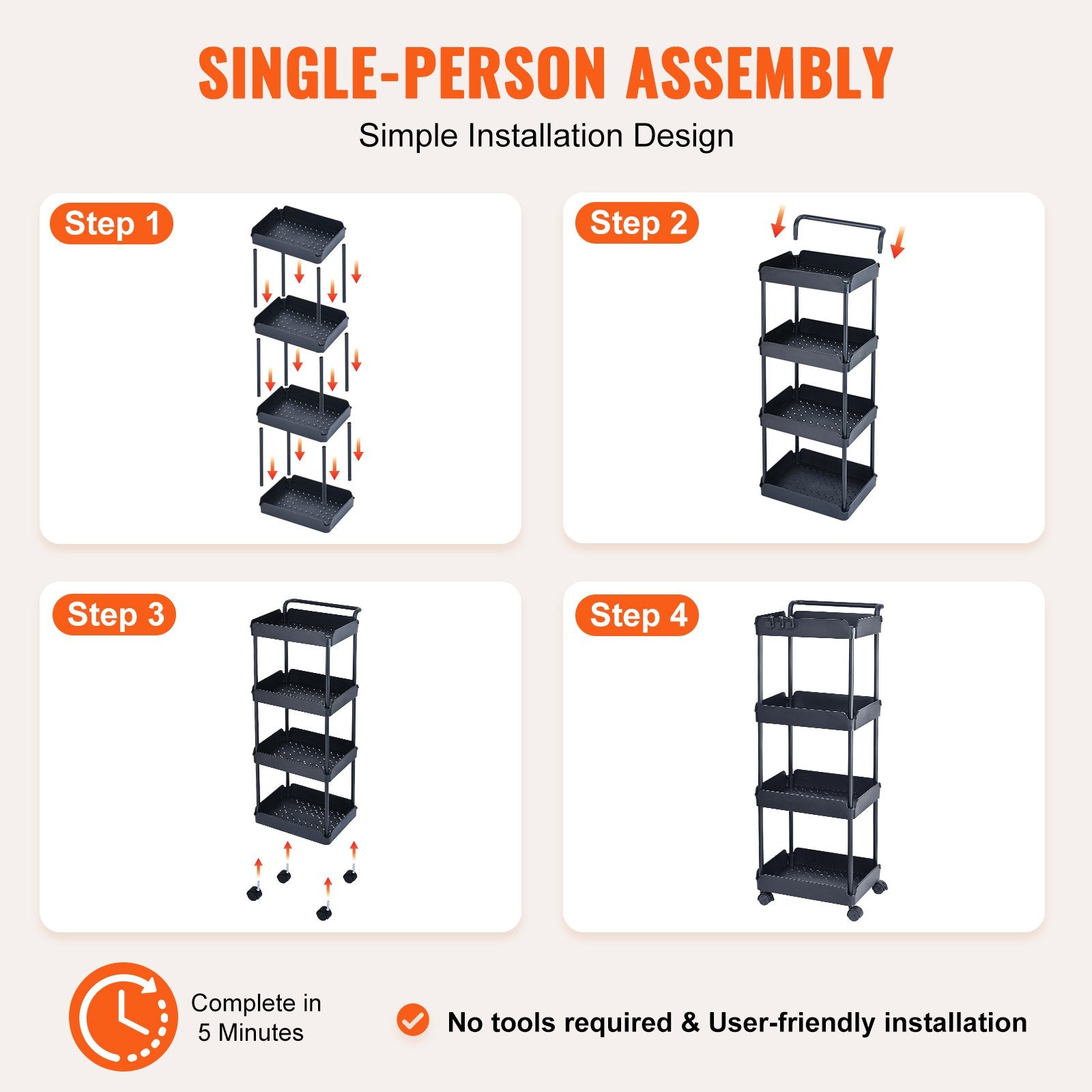 VEVOR 4-Tier Kitchen Rolling Cart Basket Utility Cart on Wheel with Handle Black - STripleB
