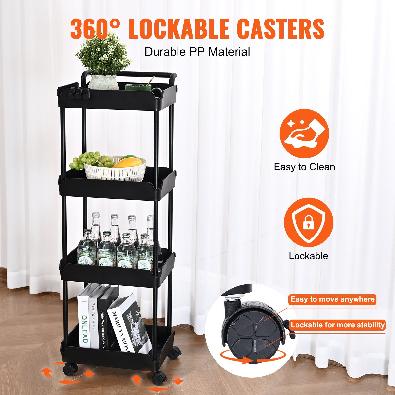 VEVOR 4-Tier Kitchen Rolling Cart Basket Utility Cart on Wheel with Handle Black - STripleB
