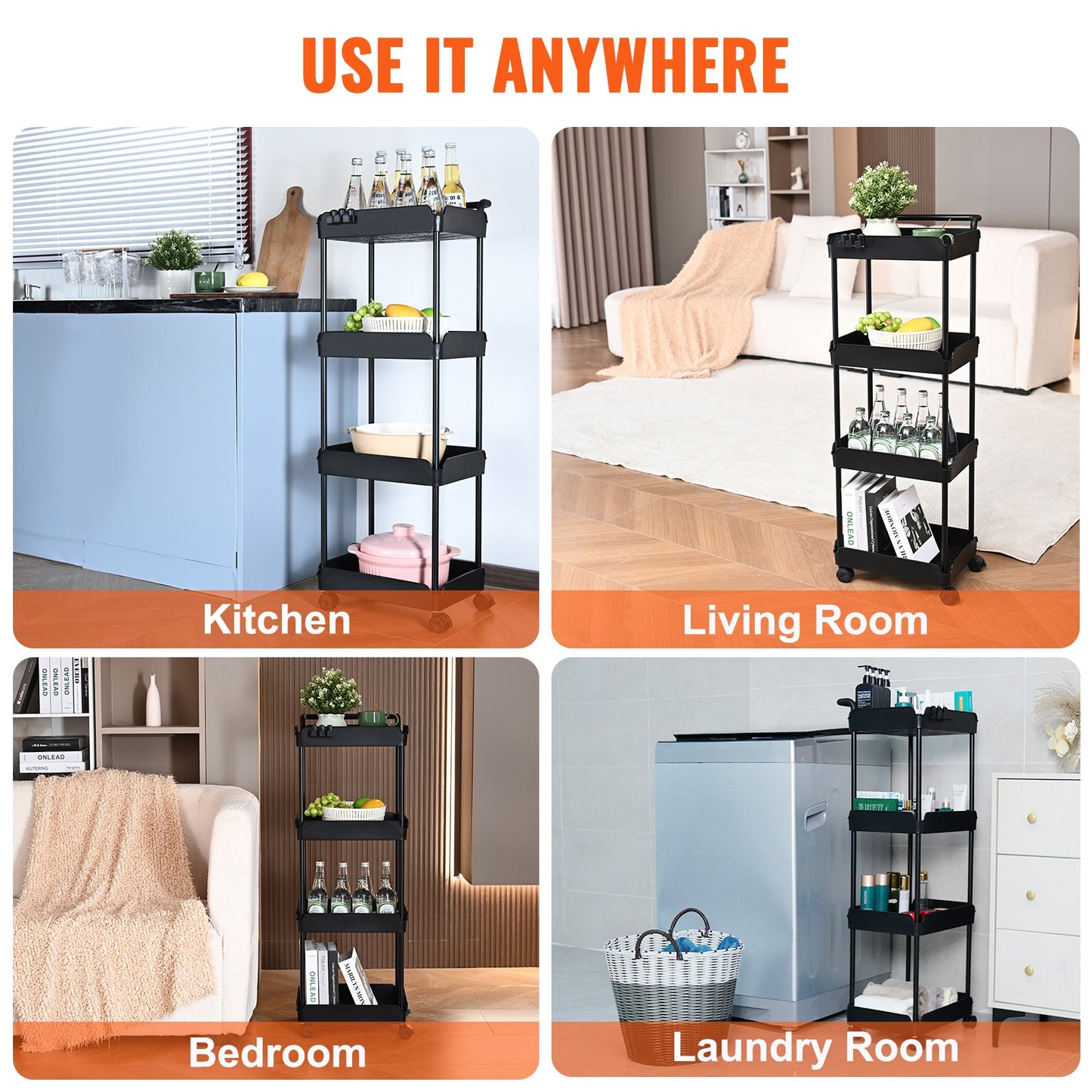 VEVOR 4-Tier Kitchen Rolling Cart Basket Utility Cart on Wheel with Handle Black - STripleB