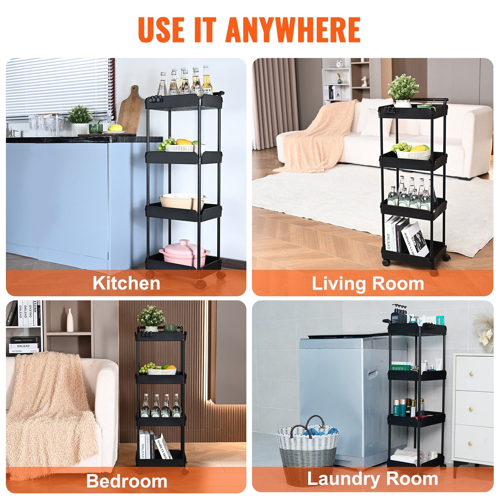 VEVOR 4-Tier Kitchen Rolling Cart Basket Utility Cart on Wheel with Handle Black - STripleB