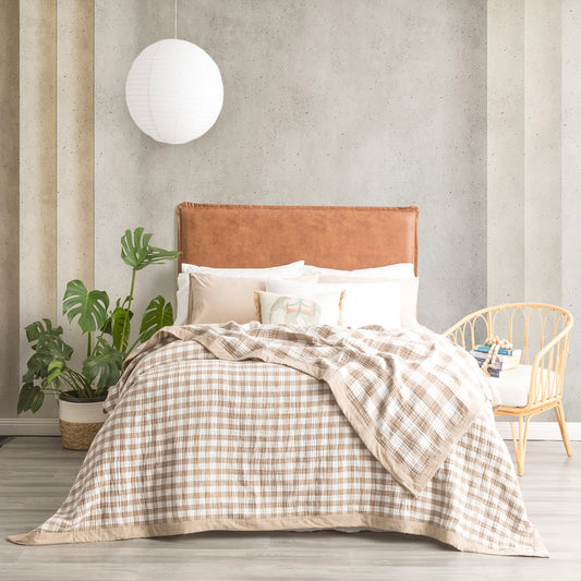 Washed Cotton Yarn Dyed Reversible Textured Tan Blanket by Renee Taylor - Queen/King - STripleB