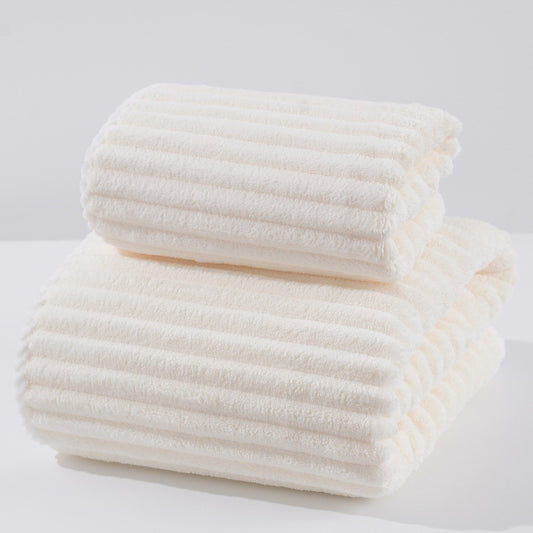 White - Soft Candy Stripe Coral Fleece Bath Towel and Washcloth Set - STripleB