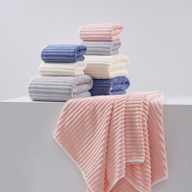 White - Soft Candy Stripe Coral Fleece Bath Towel and Washcloth Set - STripleB