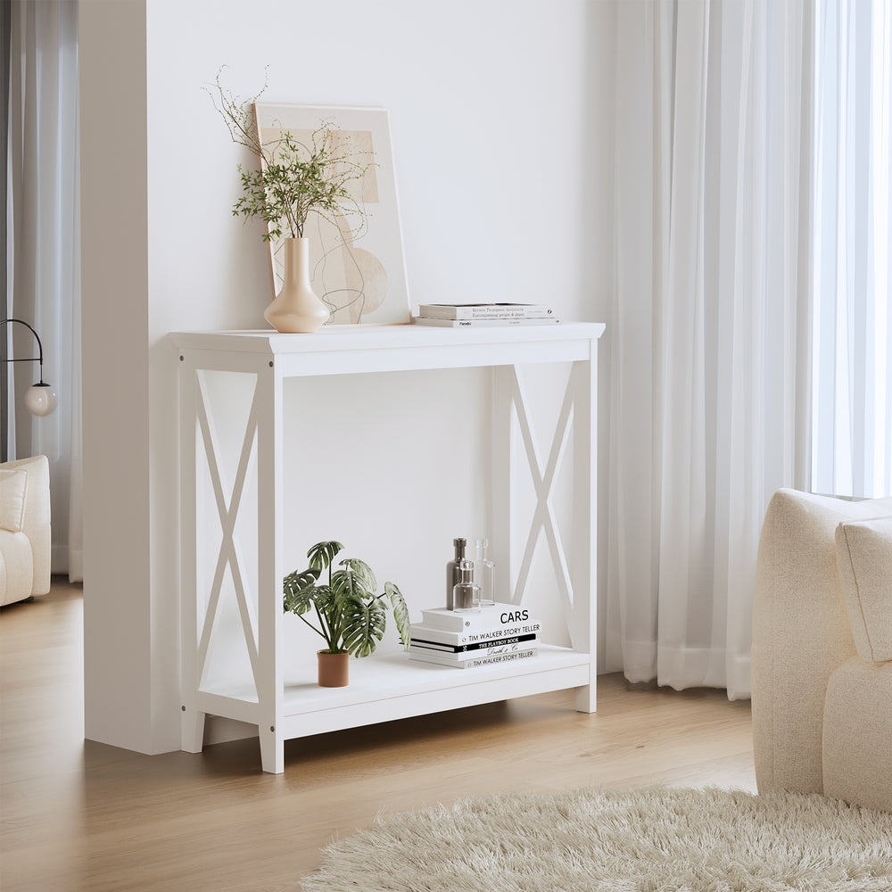 Wooden 2 Tier Console Table X Design White - STripleB