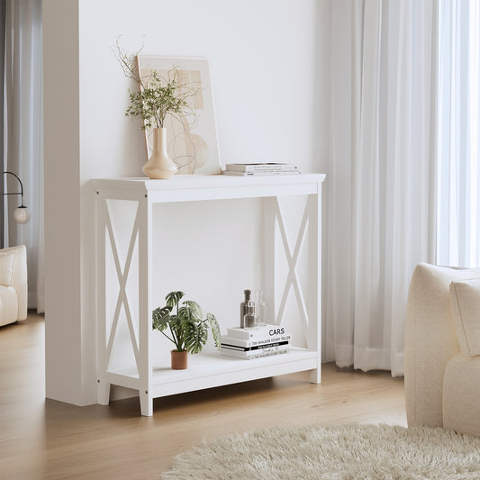 Wooden 2 Tier Console Table X Design White - STripleB