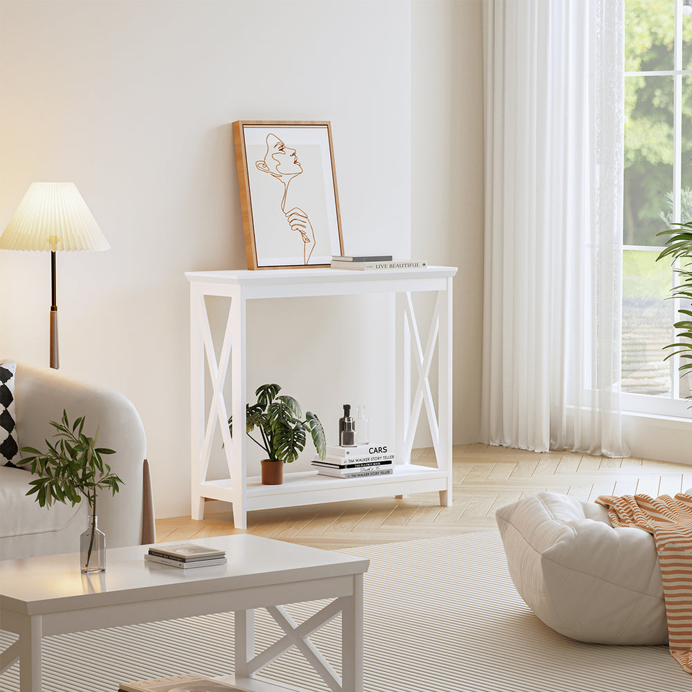Wooden 2 Tier Console Table X Design White - STripleB
