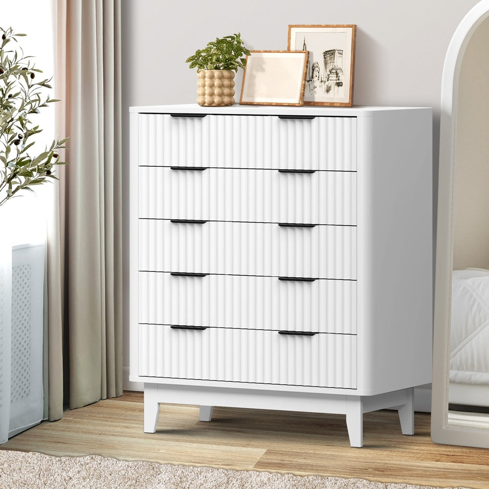 White 5 Drawer Tallboy Dresser with Stripe Design - STripleB
