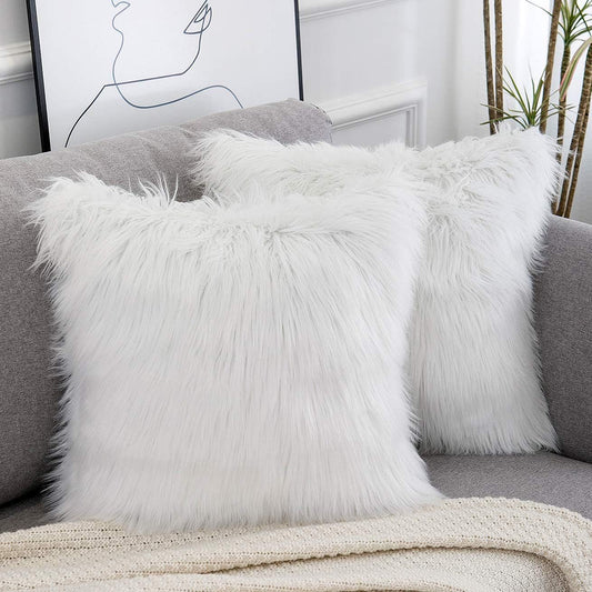 White Luxurious Long Faux Fur Cushion Covers - Set of 2, 45x45cm Soft Plush Decorative Pillowcases for Sofa & Bed - STripleB