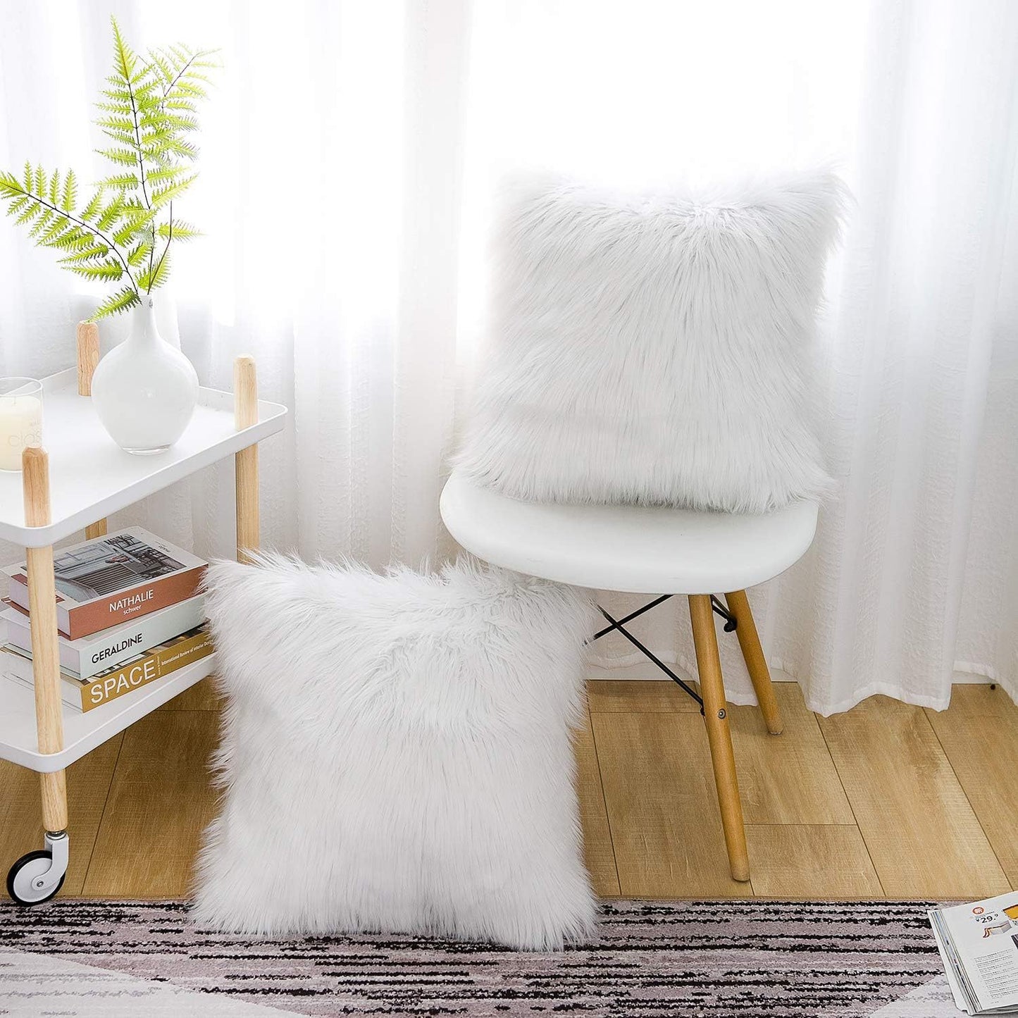 White Luxurious Long Faux Fur Cushion Covers - Set of 2, 45x45cm Soft Plush Decorative Pillowcases for Sofa & Bed - STripleB