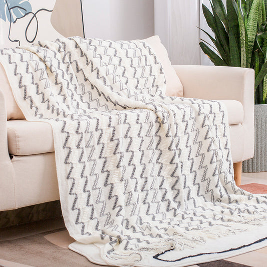 White and Grey - Modern Knitted Throw Blanket with Tassels - 130*180CM - STripleB