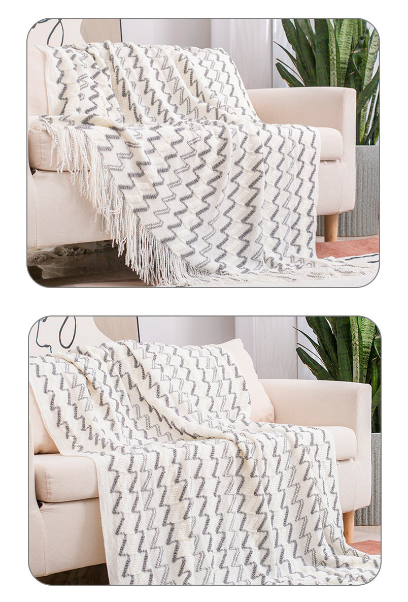 White and Grey - Modern Knitted Throw Blanket with Tassels - 130*230CM - STripleB