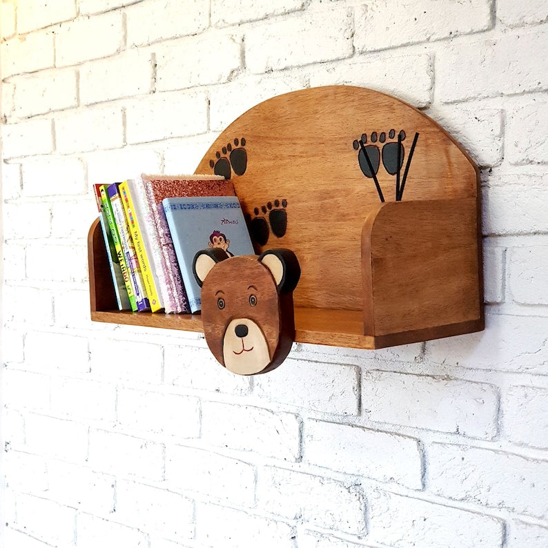 Wooden Wall Mounted Bookshelf Bear theme for children's room - STripleB