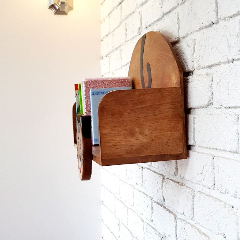 Wooden Wall Mounted Bookshelf Bear theme for children's room - side view - STripleB