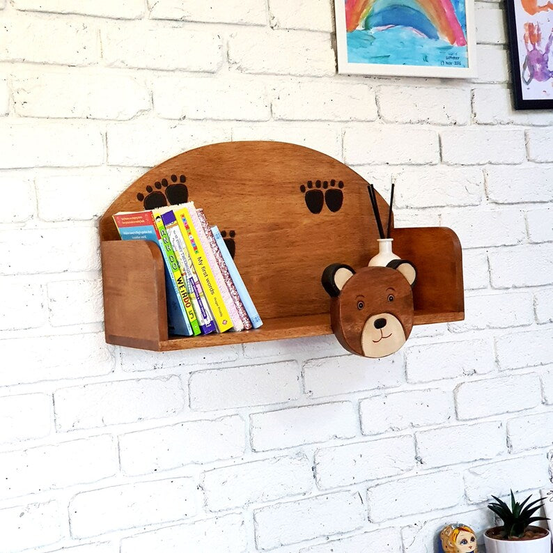 Wooden Wall Mounted Bookshelf Bear theme for children's room - STripleB
